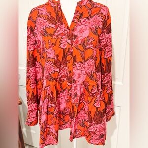 Anthropologie Ro’s Garden Boho Tunic Blouse Floral Red Sz Large